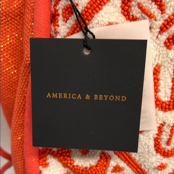 American & Beyond |Orange Beaded Mini Tote/Bucket Bag w/ Beaded Crossbody Strap - Picture 3 of 11